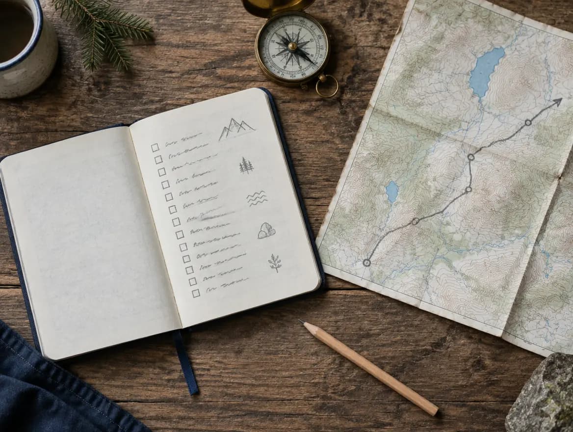 An open field notebook with a checklist, a folded trail map, a compass and a pencil on a wooden table