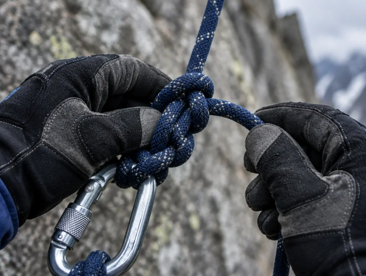 Gloved hands tying a blue climbing rope through a steel carabiner against a rock face