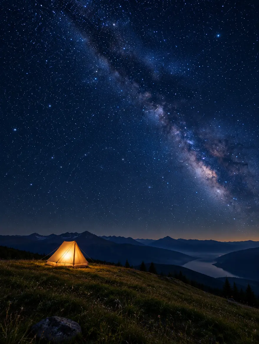 A small tent glowing amber on a dark hillside under a sky full of stars