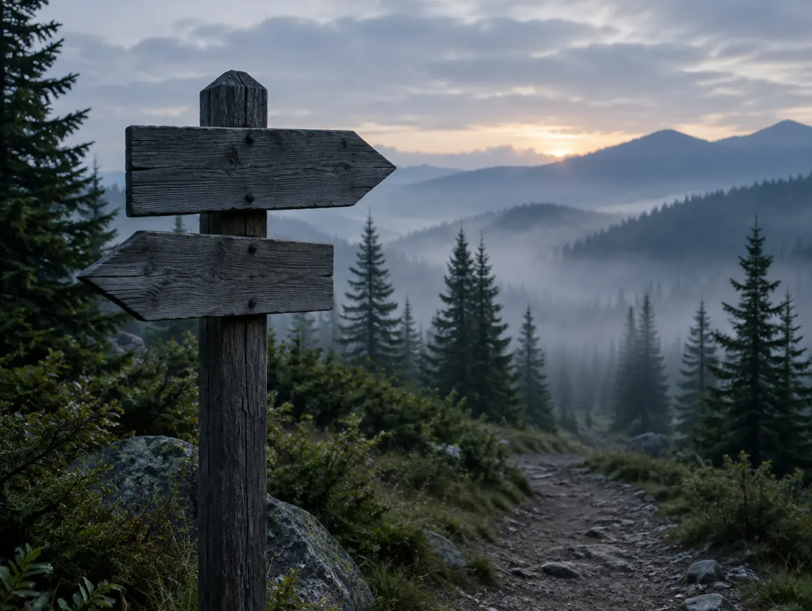 A weathered wooden signpost with two arms at a trailhead, pine trees and a misty ridge beyond