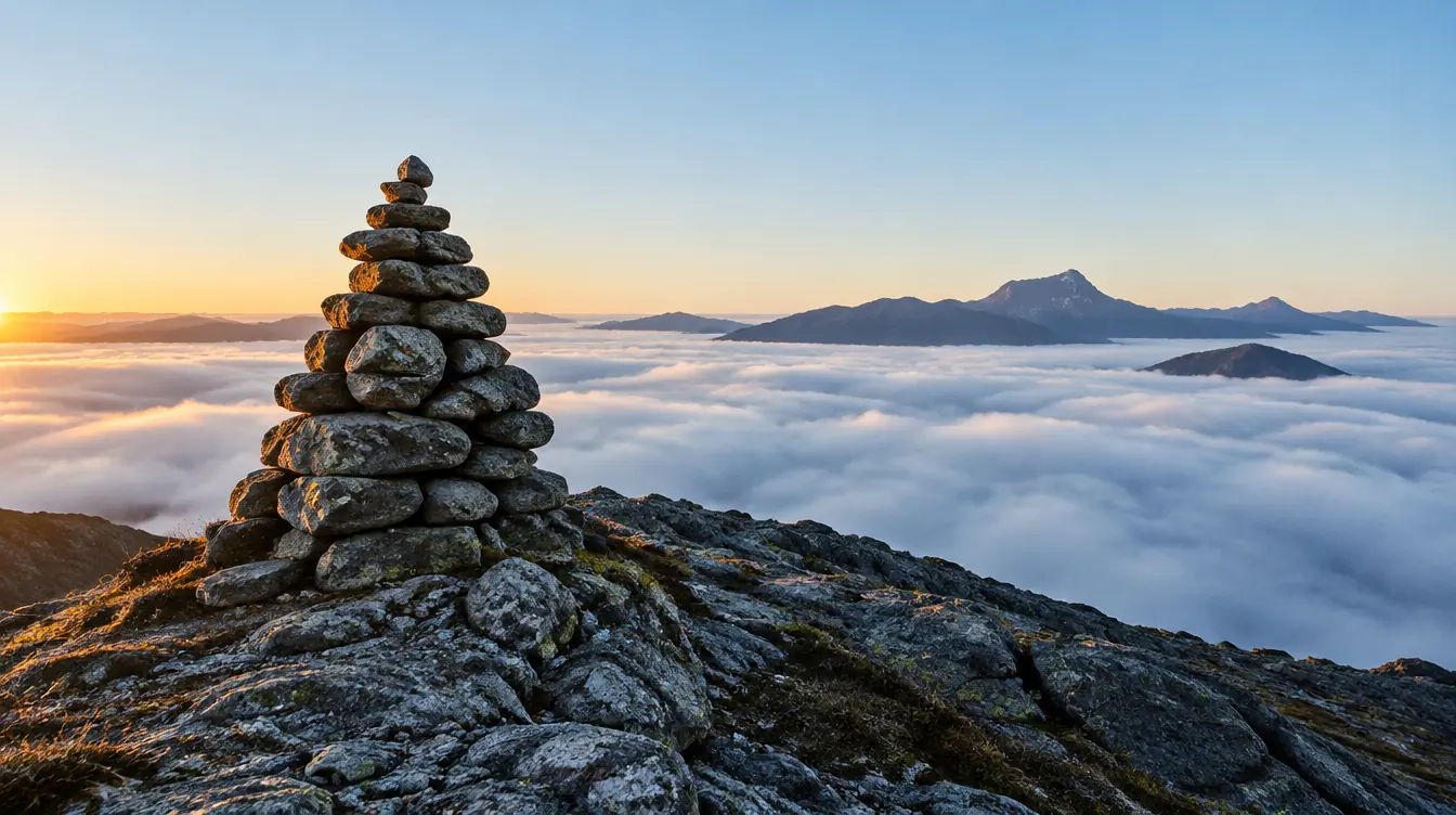 A tall cairn of stacked stones on a rocky summit, above a sea of cloud at sunrise