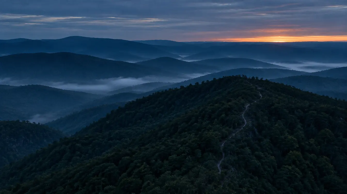 A forested ridge at dawn, with a thin trail climbing the nearest hill and mist lying in the valleys beyond